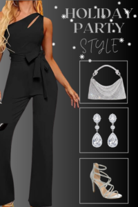 Holiday Party Outfit-Black Jumpsuit with Silver accessories